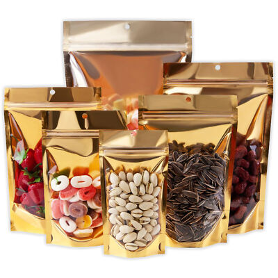 100/500/1000 Gold Mylar Foil Clear Window Resealable Stand Up Bags Zipper Pouch