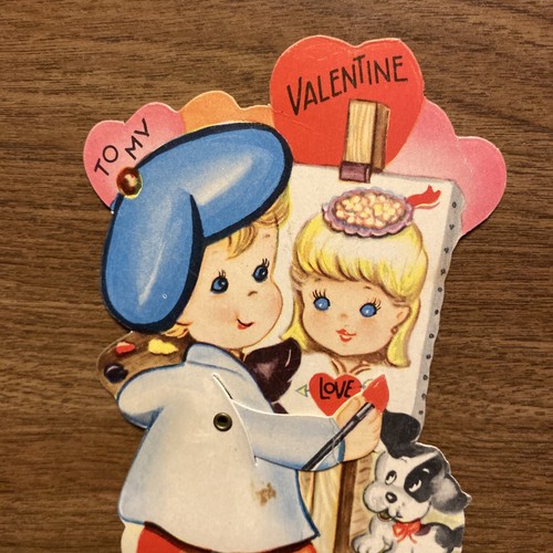 Vintage 1940s Valentines Day Mechanical Card Boy Artist Painting Girl P1D - Bild 2 von 12