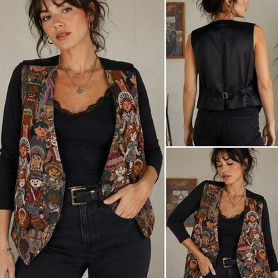Vintage Facets Folk Art Tapestry Vest Size 1X Eclectic Grandpa Core Art Teacher