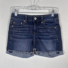 American Eagle Jean Shorts Cut Off Womens Size 00 Blue Festival Cheeky 5" Inseam