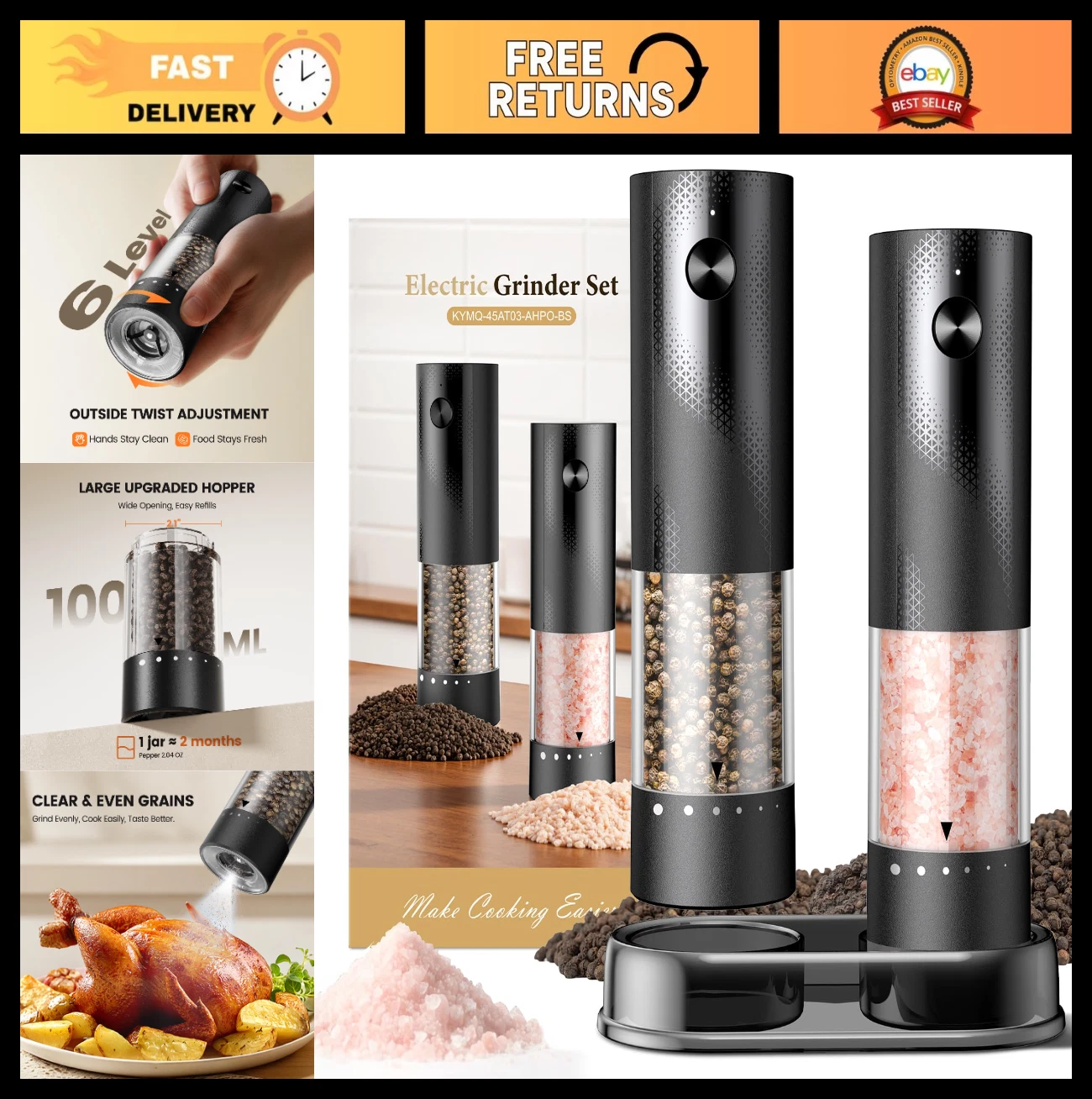 Rechargeable Electric Salt and Pepper Grinder Set - Automatic Adjustable Coarsen