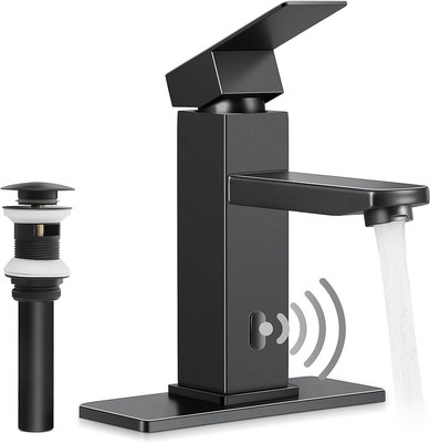 Touchless Bathroom Sink Faucet with Pop Up Drain & Deck Plate, Matte Black