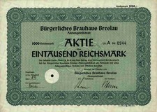 B&uuml;rgerliches Brauhaus Breslau Wroclaw 1941 Schlo&szlig; Tost Schlesien Silesia 1000 RM
