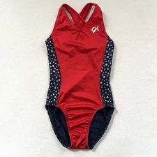 GK Elite Gymnastic Sportswear Red Blue Silver Metallic Star USA Leotard Leo AXS