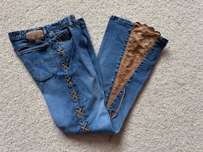 Mudd Leather Lace Up Sides Jeans Y2K Low Rise Girls 14 Bell Bottoms Hippie Retro