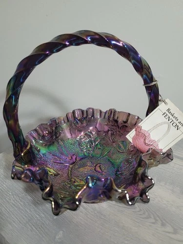 Fenton Plun Carnival Glass Hummingbird Basket