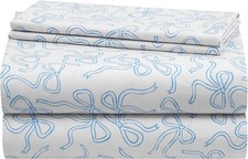 4-Piece Full Sheet Set,Coquette Bow Design in Baby Blue, Includes Fitted Sheet,