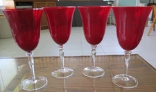 4 RUBY RED GLASS FLARED 16oz WATER / WINE with CLEAR STEMS 9" HAND-BLOWN PERFECT