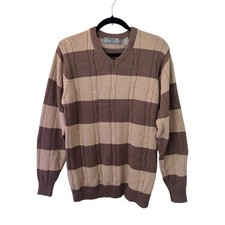 Oscar de la Renta Men's Brown Striped Cable Knit Fisherman V-Neck Sweater