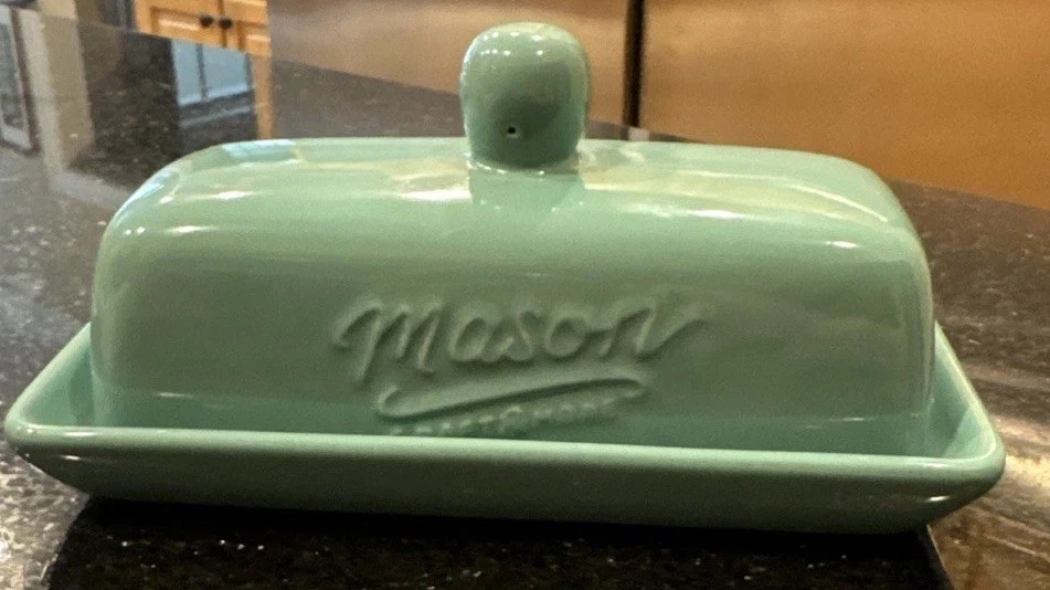 Mason Craft Jar & More Red Ceramic Butter Dish w/ Lid Teal Green blue Stoneware