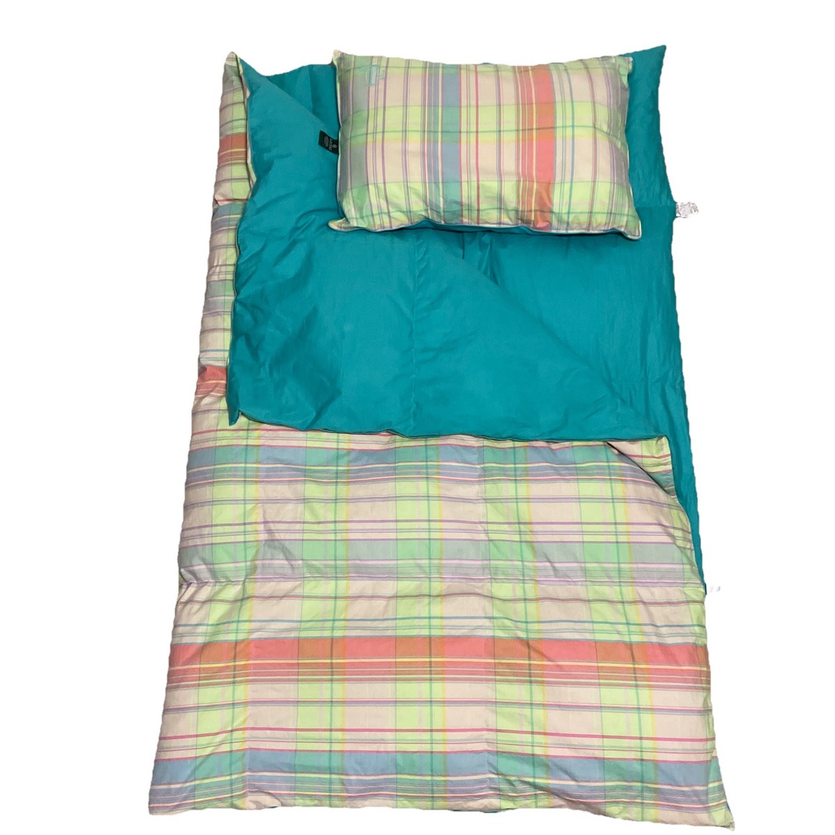 Vintage Ralph Lauren TWIN Comforter w Pillow Plaid Green Aqua Pink