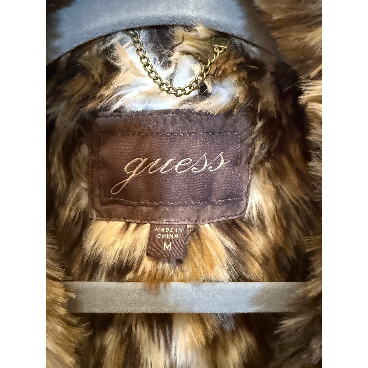 Guess Suede Leather Jacket Y2K Women Medium Brown Leopard Faux Fur
