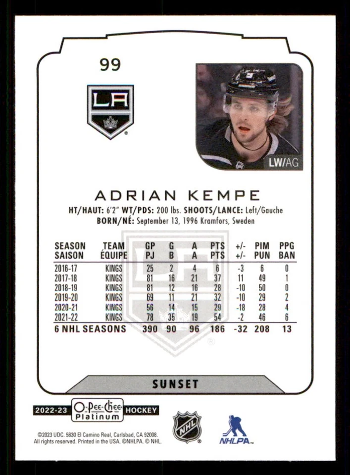 2022-23 O-Pee-Chee Platinum Sunset #99 Adrian Kempe - Image 2 of 2