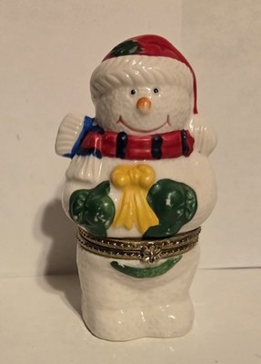 Vintage Christmas Snowman Ceramic Hinged Trinket Box Ring Holder Collectible 4'' 