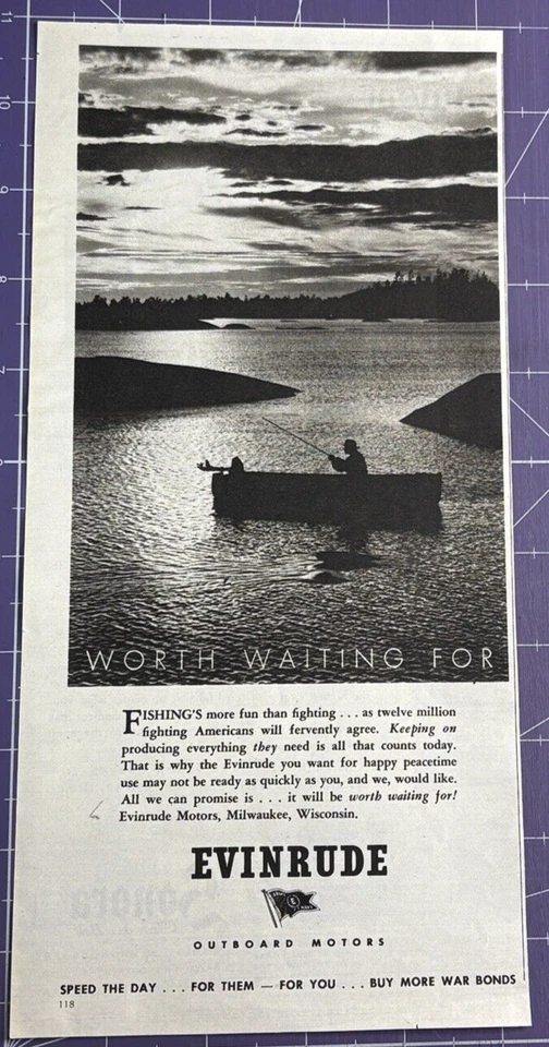 EVINRUDE MOTORES FUERABORDA MILWAUKEE WISCONSIN PESCA AÑOS 40 SEGUNDA GUERRA MUNDIAL ANUNCIO IMPRESO Foto 2 de 2