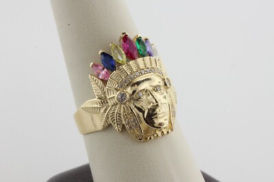 KJ 14K Yellow Gold Multicolor CZ Native American Chief Head Ring - Size 10