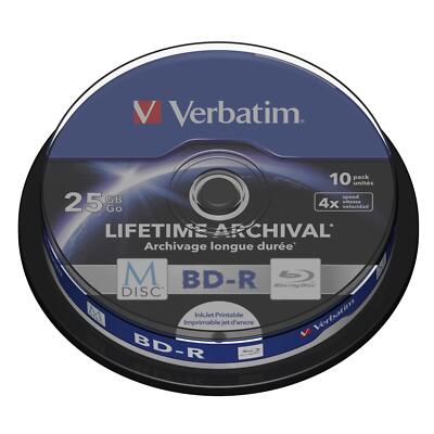 1x10 Verbatim M-Disc BD-R BluRay 25GB 4x Speed Cakebox printable DVD Blu-ray 12c