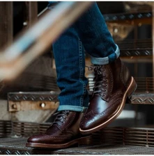 Handmade Mens Wingtip Brogue Ankle Leather Boots,Men Lace Up Ankle Boots