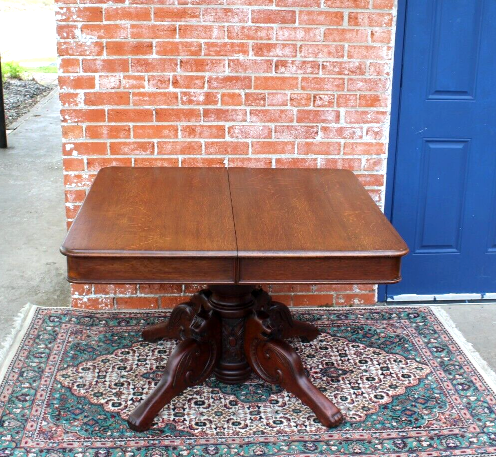 French Antique Tiger Oak Square Kitchen Table | Carved Base