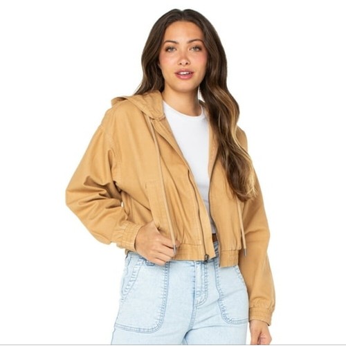 Celebrity Pink 100% Cotton Cropped Waist Cinch Hoodie In Iced Coffee Tan Size XS