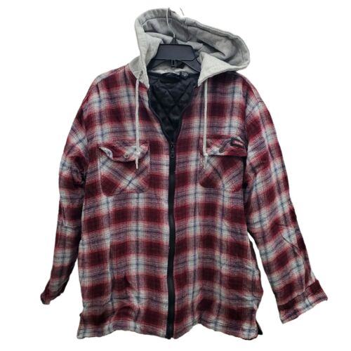 Dickies Men's Burgundy Gray Plaid Insulated Hooded Zip Up Flannel Jacket Size M
