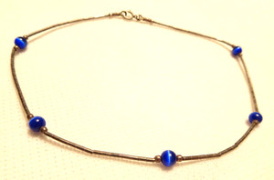 Sterling Silver Ankle Bracelet Blue Fiber Optic Beads