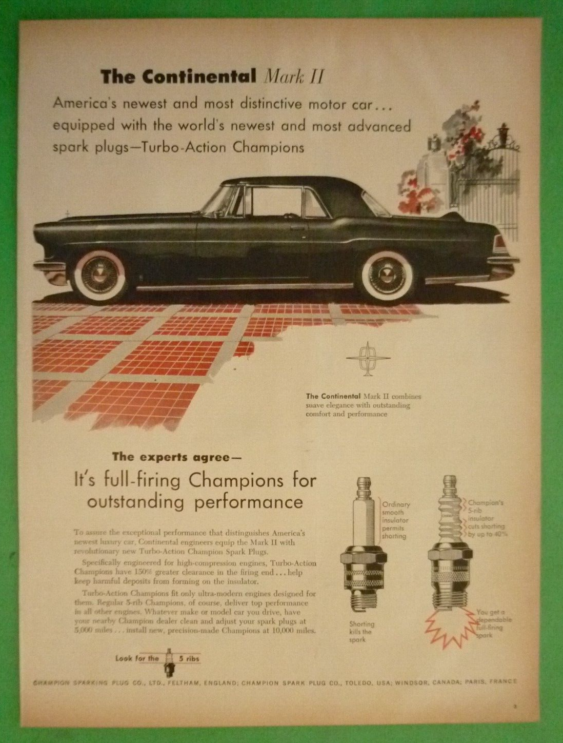 Champion Spark Plugs Advertisement Original 1955 The Continental Mark II