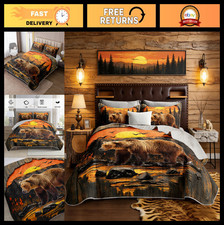 Rustic Cabin Lodge Stripe Quilted King Size Bedding Set, Wildlife Bear Sunset