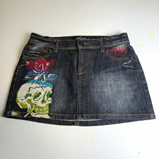 Vintage Ed Hardy Y2K Skull  Rose Rhinestone Denim Mini Skirt Size 25 XS