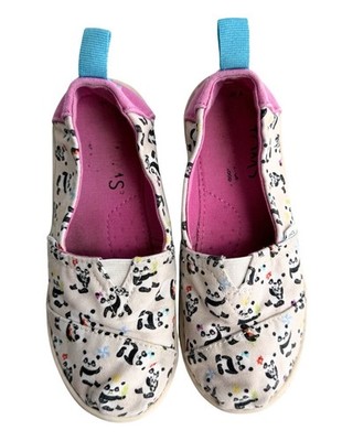TOMS Kids Panda Print Slip On Shoes Size 12 Pink Blue Canvas Casual Flats