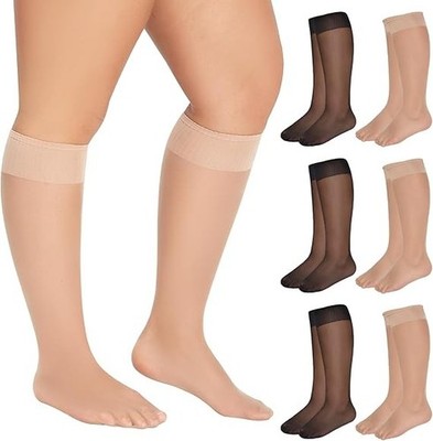 6 Pairs Plus Size Sheer Knee Highs Stocking for Women Super Wide Nylon Trouse...