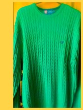 NWT Chaps Cable Knit Sweater Men  s L Green 100 Cotton Crewneck Crest Logo