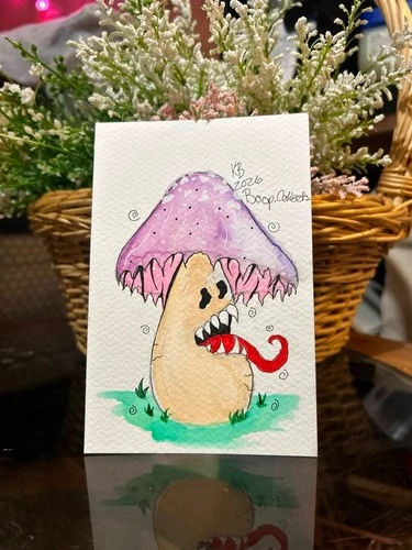 Original Watercolor Painting – "Mawshroom" | Cute Horror Mushroom Monster | 4x6