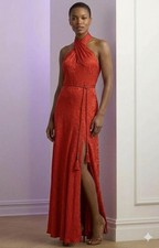 Ralph Lauren Belted Floral Jacquard Halter Gown Red Size 12 MSRP 245