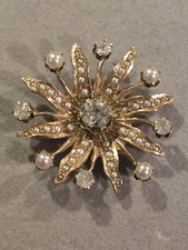 ESTATE VICTORIAN 14KT GOLD STARBURST LARGE DIAMOND & PEARL BROOCH 9.86 GRAMS