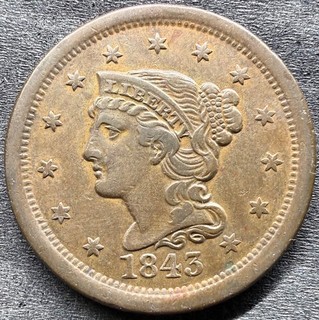 1843 Mature Head N 6 Braided Hair Large Cent XF Condition ex Tom Deck