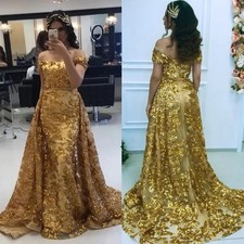 Elegant Gold Sequins Mermaid Prom Dresses With Detachable Skirt Sparkly Gowns