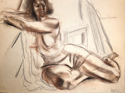 Sitting Female Figure Bertram Hartman Conte Drawing 20th C. NYC Modernist