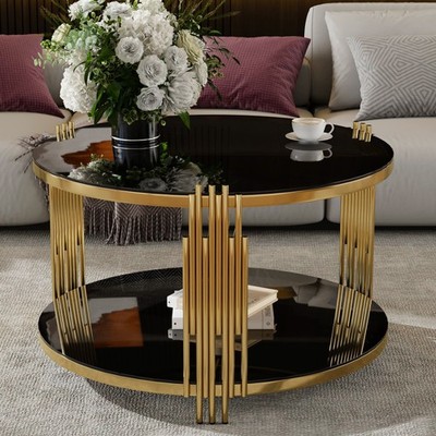 Modern Mirror Coffee Table Circular Metal Drum Base Gold Finish & Lower Shelf