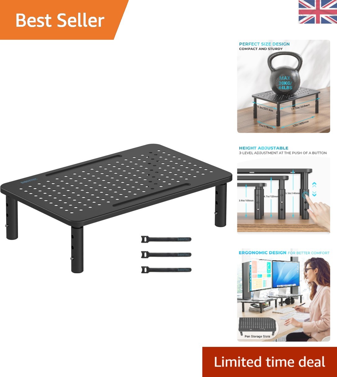 Ventilated Adjustable Monitor Stand - Ergonomic Riser for Laptops & PCs, 20KG