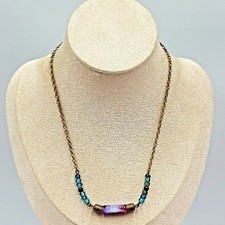 Vintage Boho Purple Slag Glass Tube Necklace - Blue Beaded Brass Tone Chain 18"