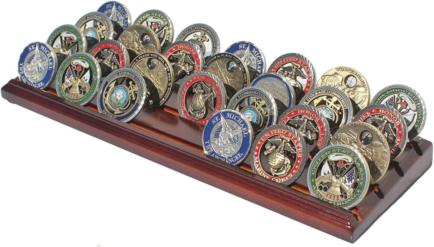 Displaygifts Challenge Coin Display Stand 4 Row Wooden Holder Rack Case Holds 28