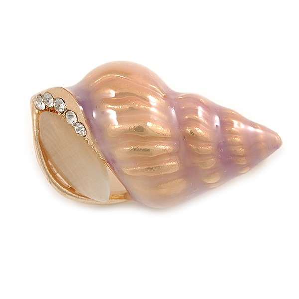 Pale Pink/ Purple Enamel Sea Shell Brooch In Gold Tone Metal - 35mm Across