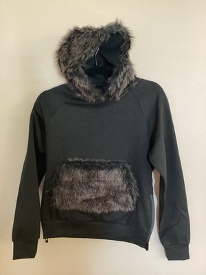 RIFLESSI Faux Fur Hood & Pocket Pullover Hoodie Sweatshirt Top NWT Black Sz. S