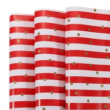 Birthday Wrapping Paper Sheet, Red Stripe Gold Dots 20 x 28 Inch 6Pcs