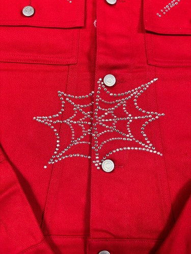 Sp5der Web Rhinestone Denim Cropped Trucker Jacket Red - 第 7/14 張圖片