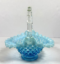 Vintage Fenton Aqua Blue Opalescent Hobnail Ruffled Glass Basket 7.5"