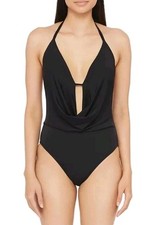 Kenneth Cole Core Plunge Cowl Black Halter One Piece Swimsuit