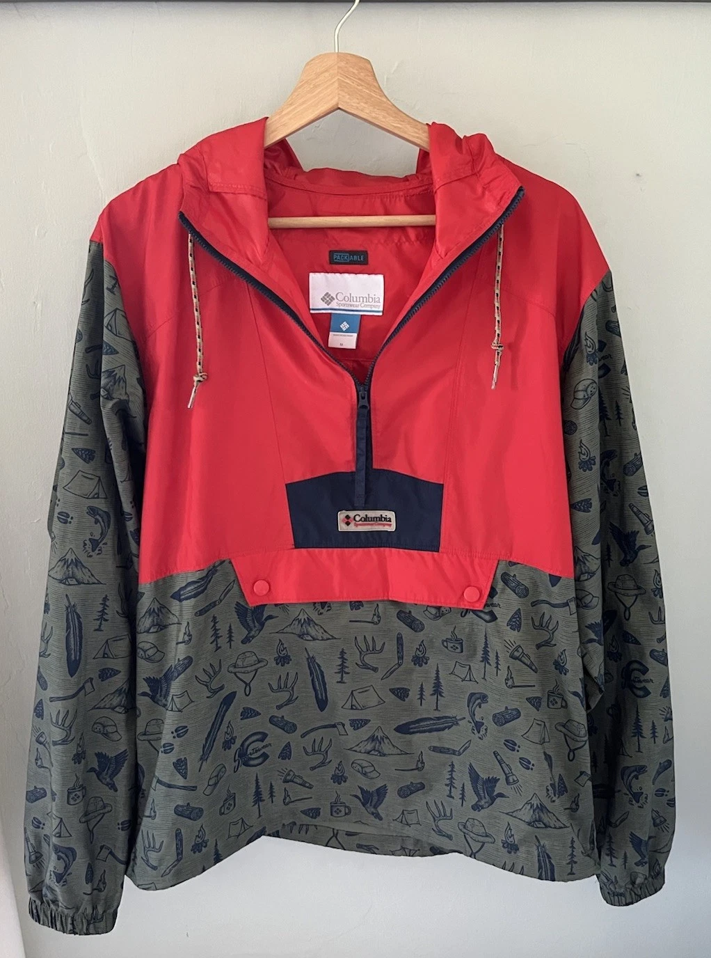 Columbia Anorak Windbreaker 1/2 Zip Jacket Mens M Red/olive Packable Camping