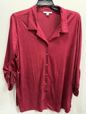 Studio Works Women’s Button Front Blouse SZ 2XL Long Roll Tab Sleeve Red Solid 